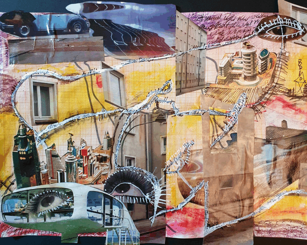 Collage von Silke Saracoglu: Straßen, Augen, Gebäude und Bewegungslinien verweben sich zu einer dynamischen Landschaft – Symbol für Wahrnehmung, Perspektivwechsel und Bewegung im Wandel.