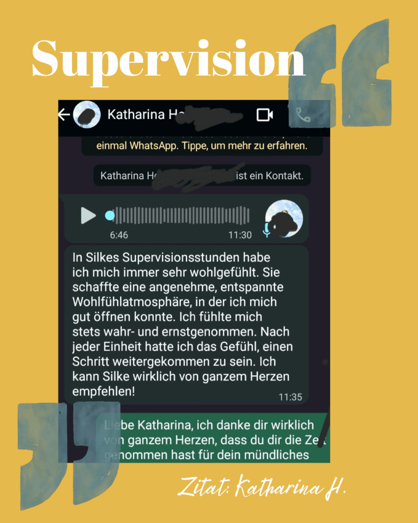 Grafik mit anonymisiertem Zitat einer Klientin über Silke Saracoglus Supervision.